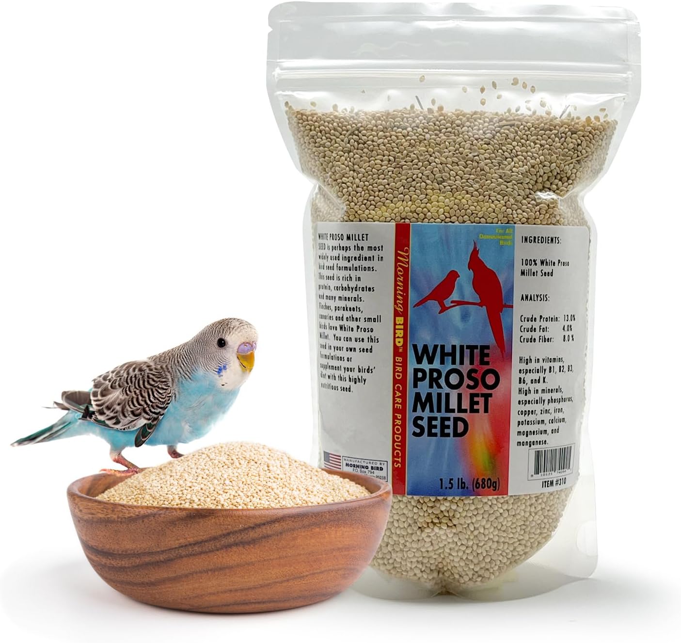 Morning Bird White Proso Millet 1.5 lbs, Unhulled Natural Bird Seed, Supports Feather Growth & Balanced Nutrition, High Energy Delicious Seed - Ideal for Finches, Parakeets & Pet Birds
