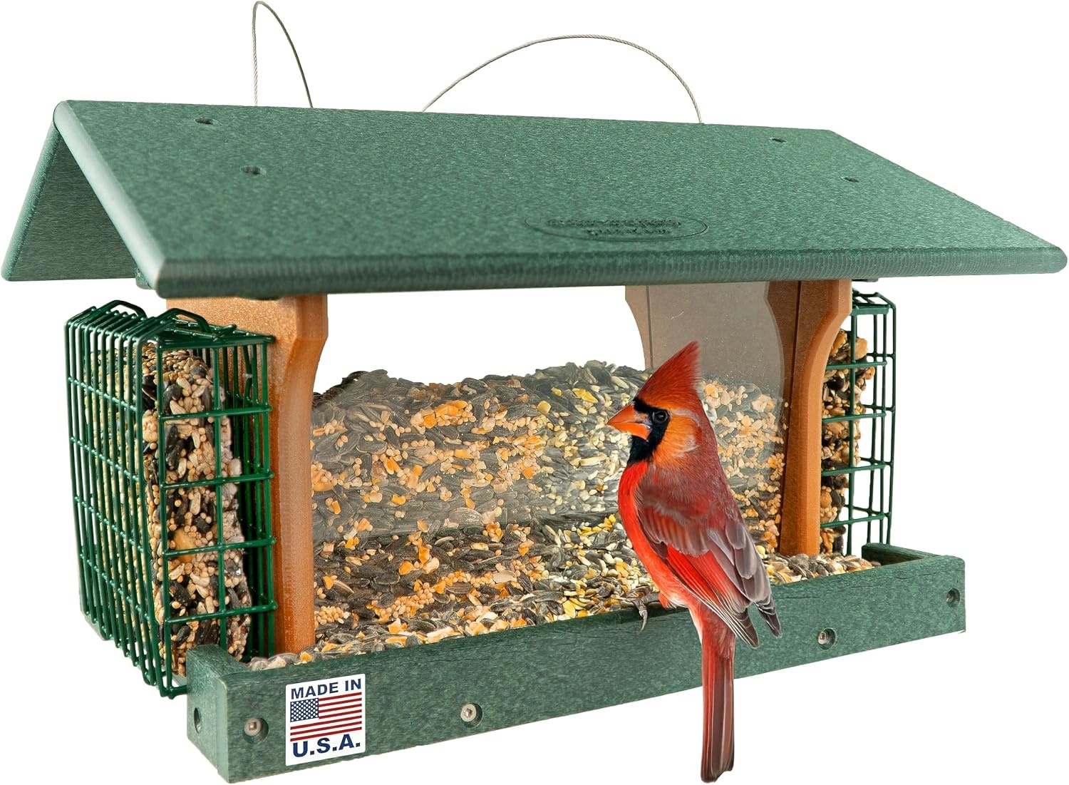 DutchCrafters Poly Hanging Large Hopper Bird Feeder with Two Suet Cake Holder Cages, Durable Long Lasting Outdoor Bird Feeder - Amish American Made in USA (Turf Green &amp; Cedar)