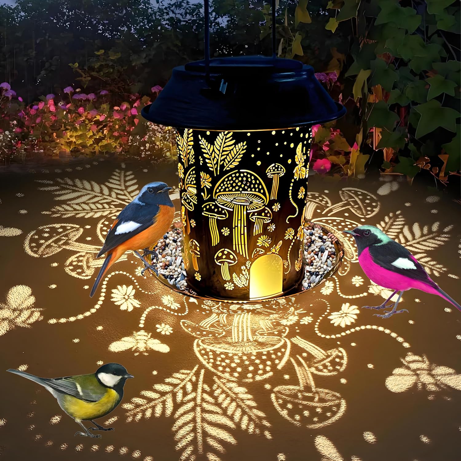 Solar Bird Feeder,Metal Wild Bird Feeders for Outdoor Hanging, Waterproof Outside Large birdfeeders for Cardinals,Mushroom Shaped Solar Garden Decor Lantern as Gift for Bird Lovers